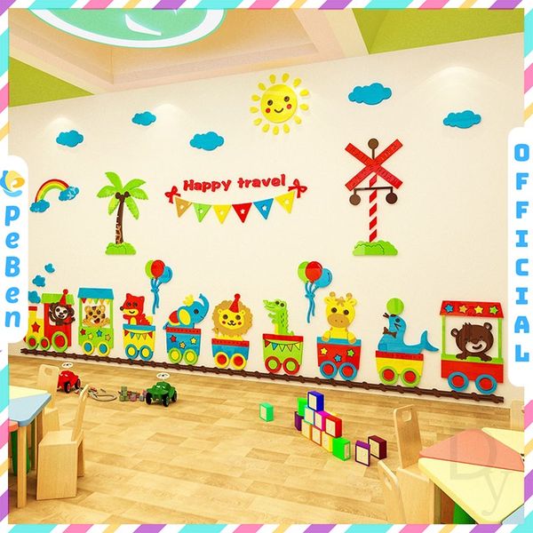  Tranh mica EPeBen dán tường nổi 3d hình Phim hoạt hình tàu hỏa động vật decor trang trí nhà trẻ, phòng cho bé 