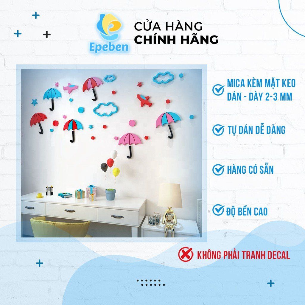  Tranh mica EPeBen dán tường nổi 3d hình bầu trời những chiếc ô decor trang trí mầm non, phòng cho bé 