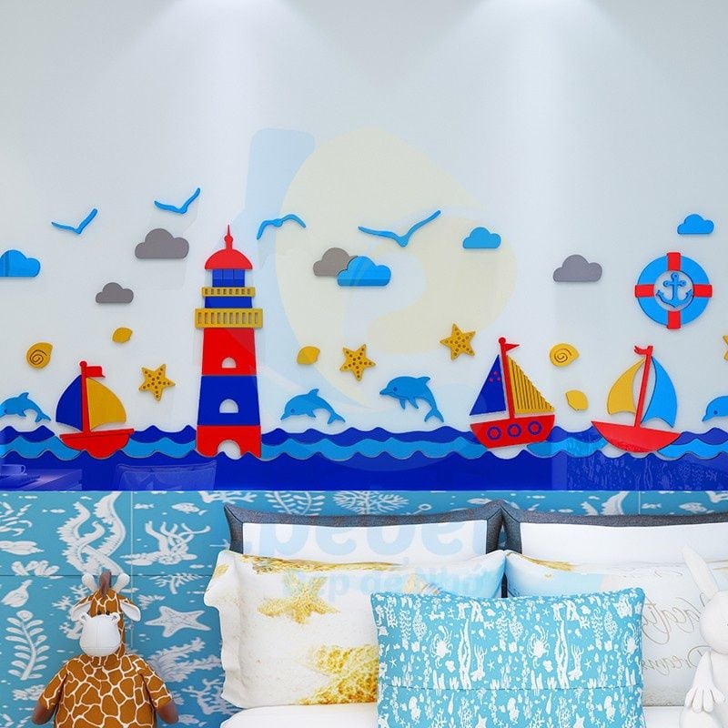  Tranh mica EPeBen dán tường nổi 3d hình đại dương ngọn hải đăng decor trang trí mầm non, phòng cho bé 