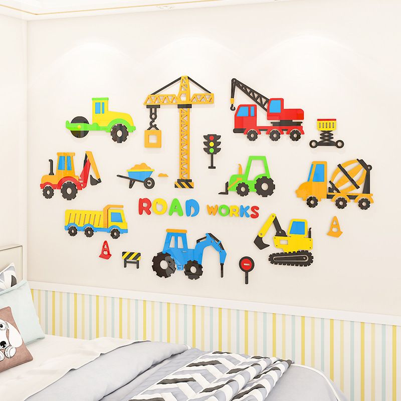  Tranh mica EPeBen dán tường nổi 3d hình xe công trường xây dựng trang trí phòng cho bé nam, bé trai, mầm non, mẫu giáo 