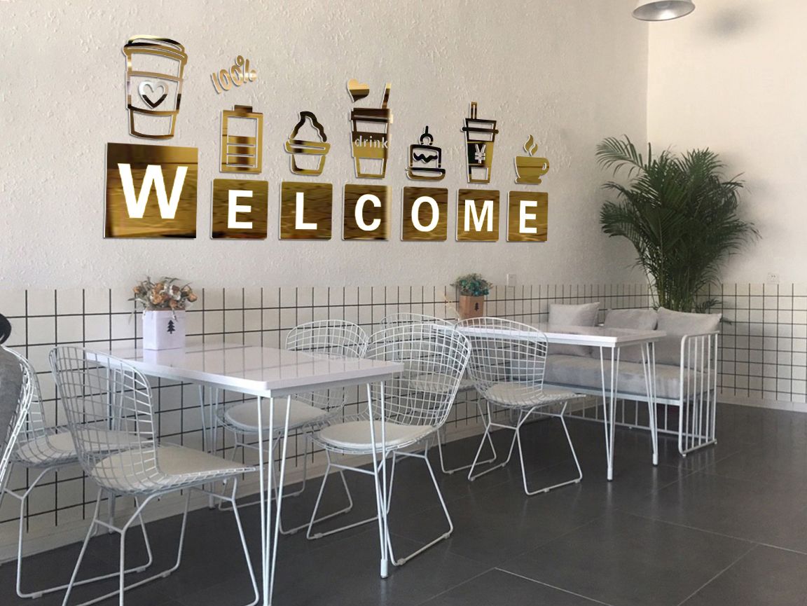  Tranh mica EPeBen dán tường nổi 3d hình Welcome quán cafe trang trí quầy bar, cửa hàng, trà sữa, trà chanh, quán nước 