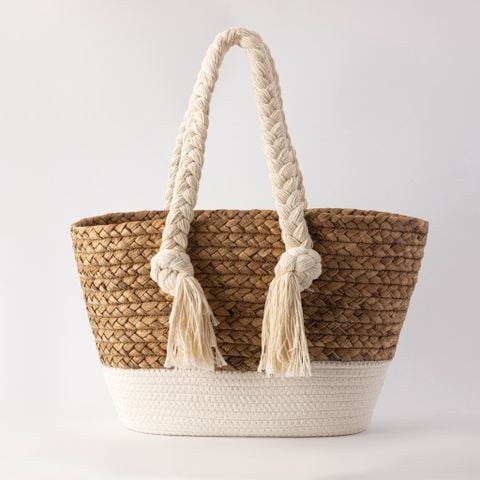 Túi xách cotton bèo cói Trắng nâu