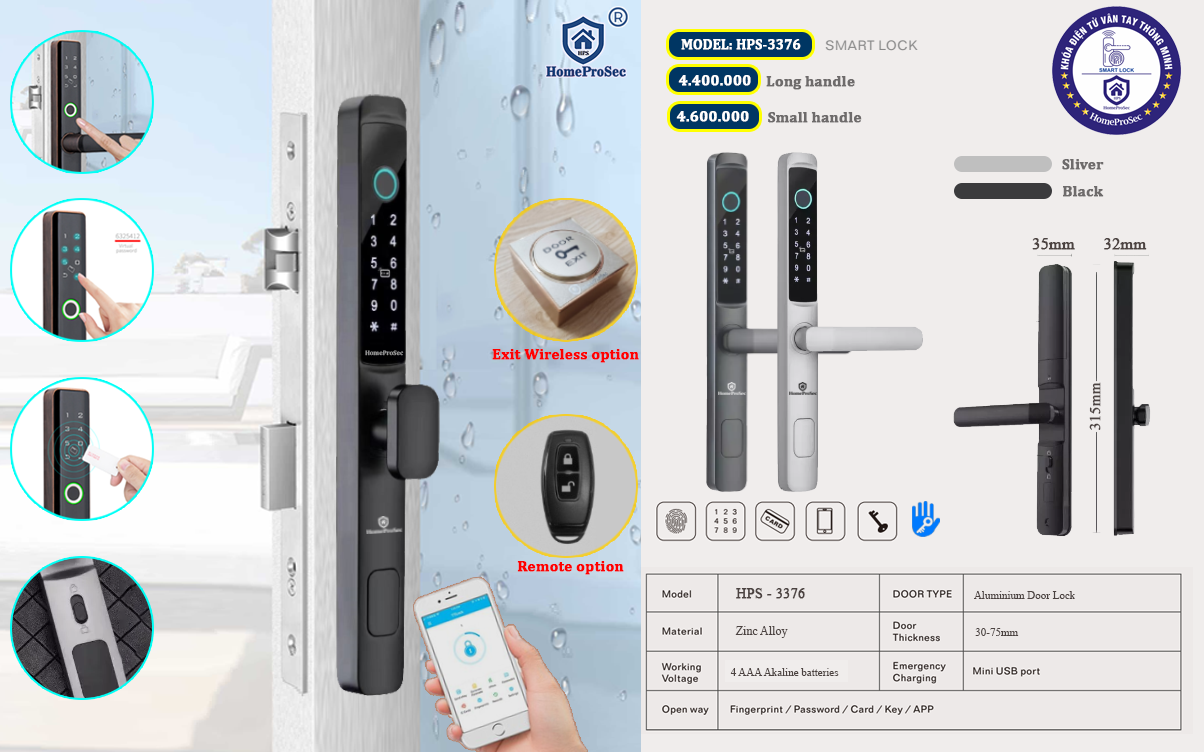  Khóa vân tay cửa nhôm HPS- 3376 (ttlock) 