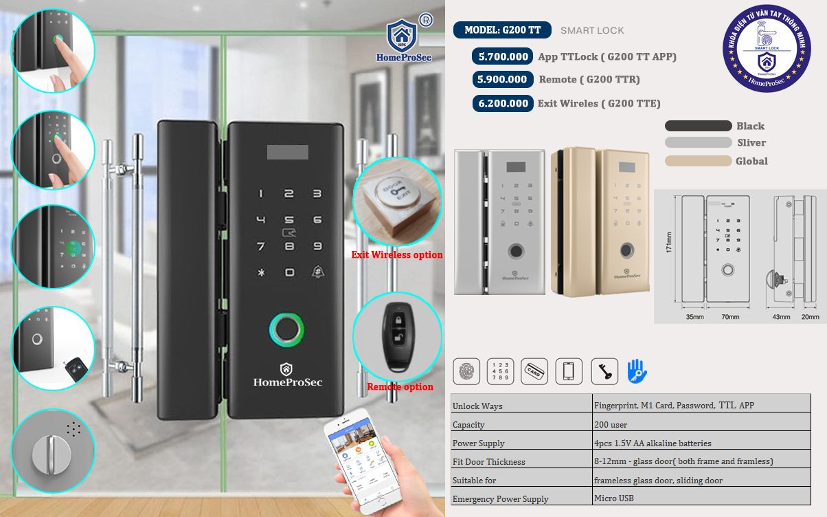  Khóa vân tay cửa kính HPS- G200 (ttlock) 