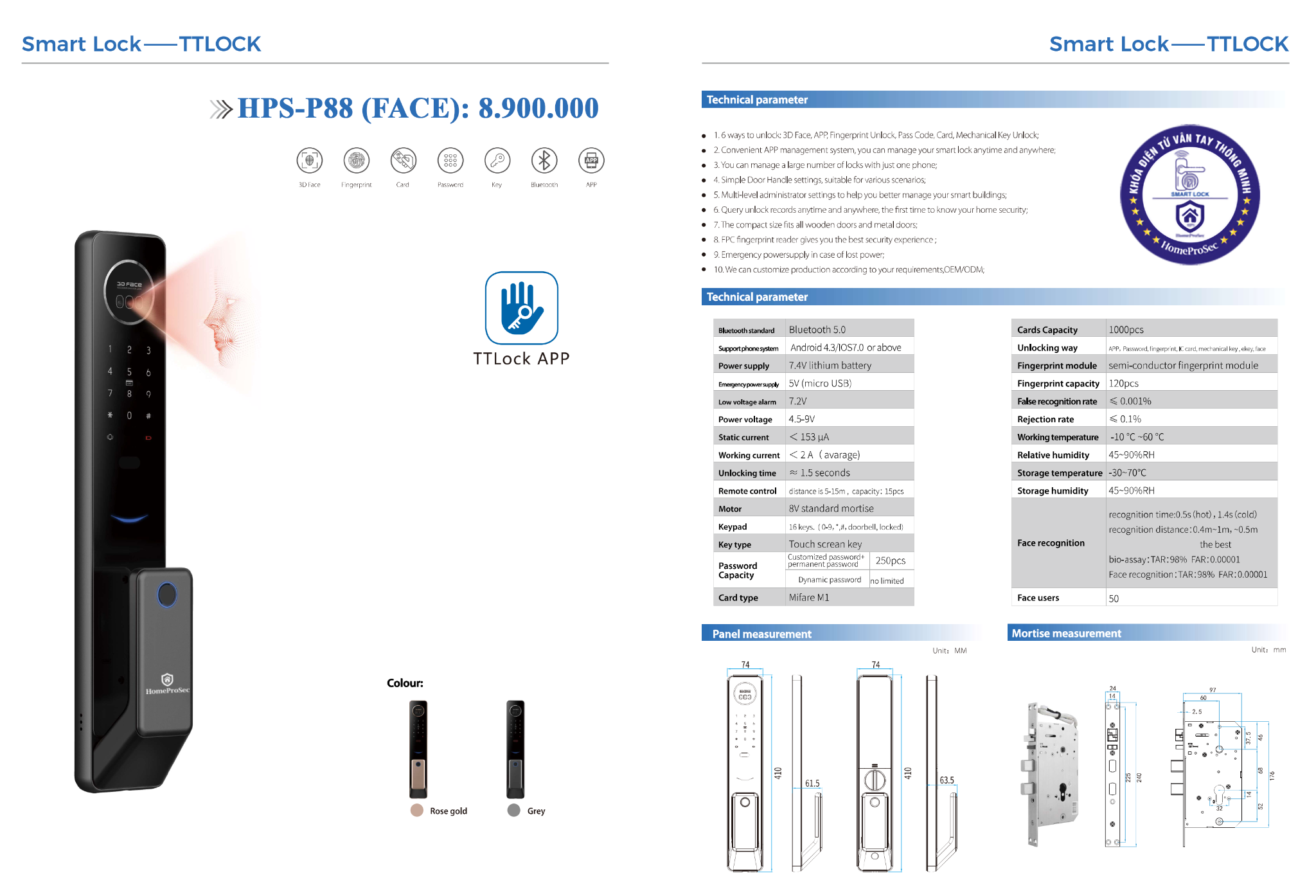  Khóa vân tay nhận diện khuôn mặt  HPS-  P88 FACE ( TTLock -Bluetooth) 