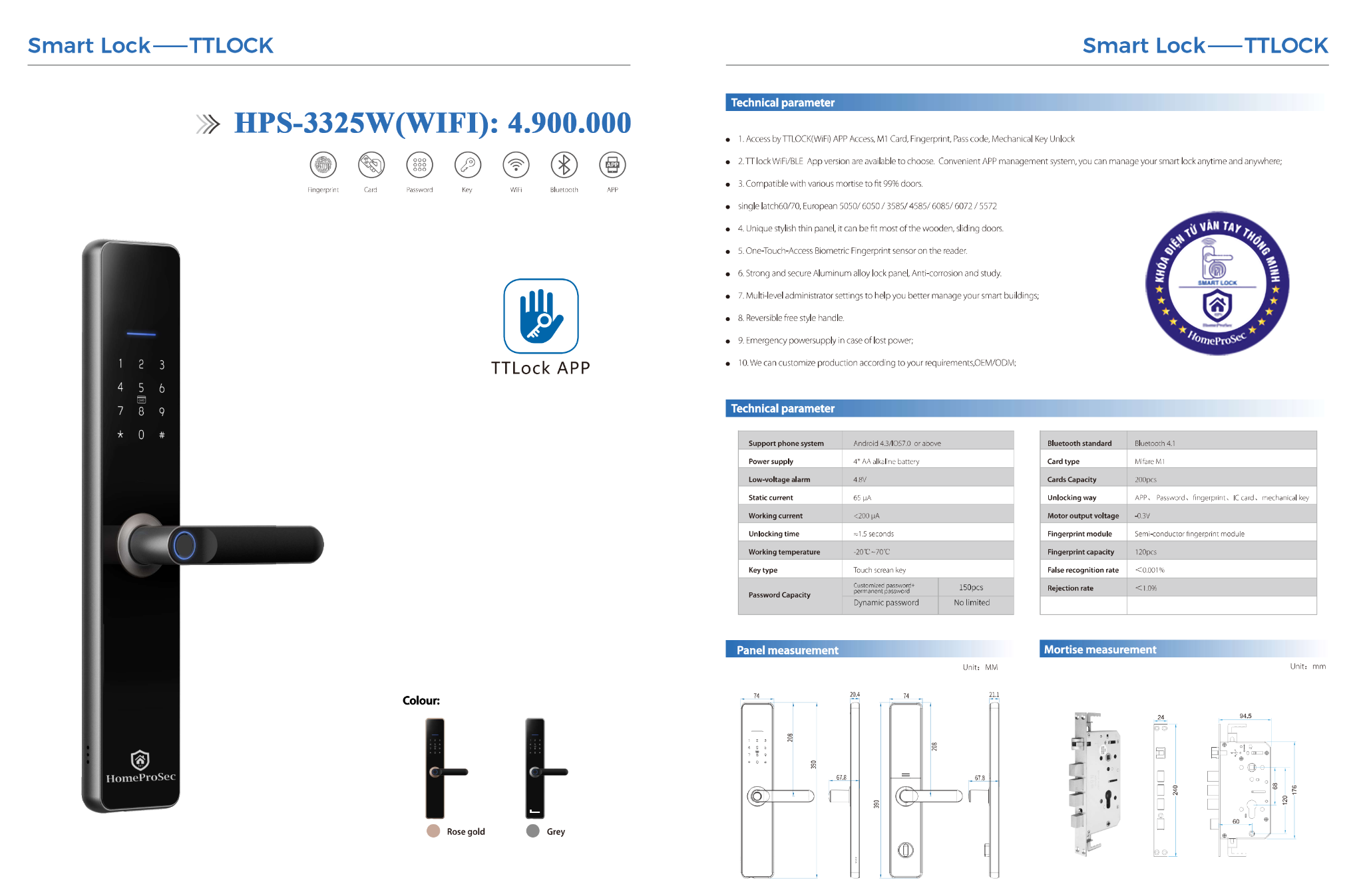  Khóa vân tay cửa gỗ HPS- 3325W (TTlock- Wifi) 