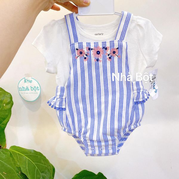  Set Yếm Carter màu trắng trơn-xanh sọc hoa 