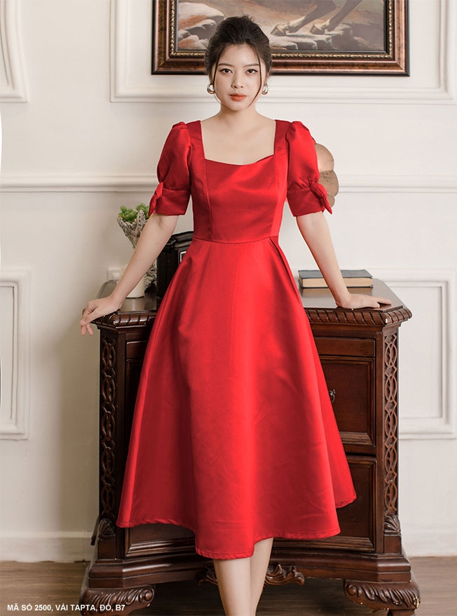 Đầm xòe cổ vuông nhún ngục tay phồng thanh lịch  Lazadavn