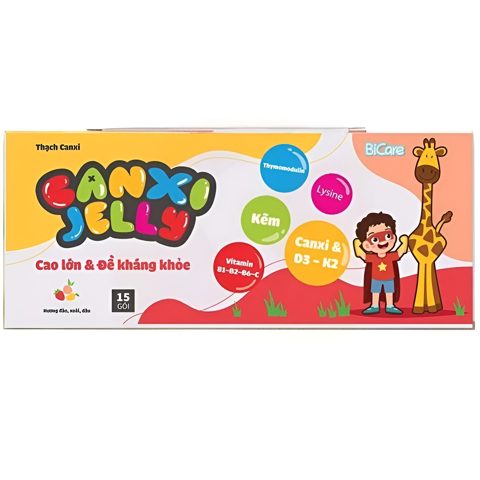 Thạch Canxi Jelly Bicare mix 3 vị (xoài, đâu, đào) hộp 15 gói.