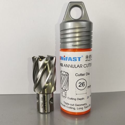 Mũi khoan từ thép gió phi 26 hiệu UNIFAST model HSS 26x25 đầu kẹp 19.05