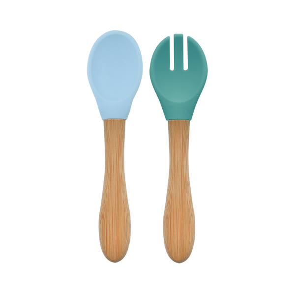 MinikOiOi Bộ Đôi Muỗng Nĩa Silicone Tay Cầm Gỗ Tre Cho Bé