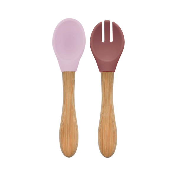 MinikOiOi Bộ Đôi Muỗng Nĩa Silicone Tay Cầm Gỗ Tre Cho Bé