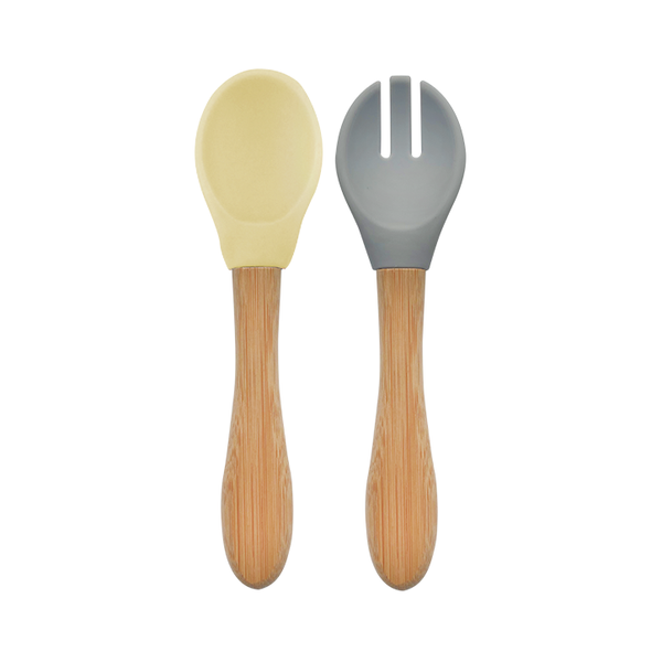 MinikOiOi Bộ Đôi Muỗng Nĩa Silicone Tay Cầm Gỗ Tre Cho Bé