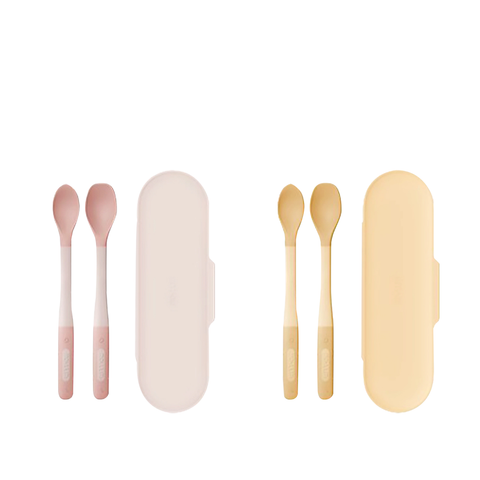 MOYUUM BỘ 2 THÌA SILICONE 2 CẤP ĐỘ CHO BÉ TẬP ĂN DẶM (KÈM HỘP ĐỰNG)