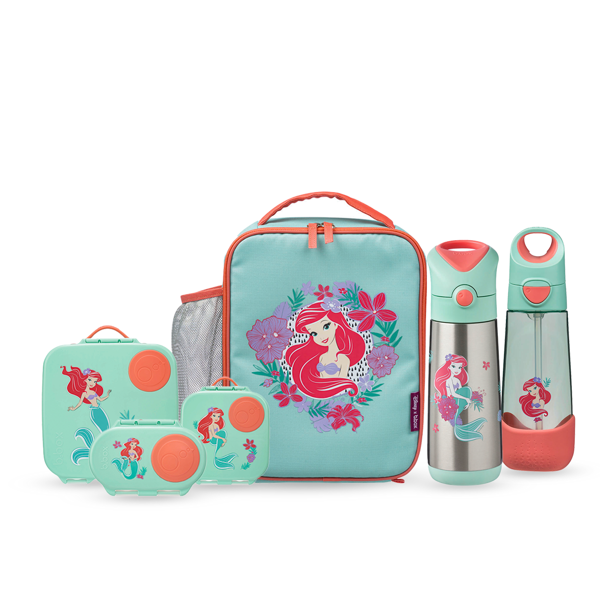 B.BOX SET HỘP CƠM TRƯA/ĐỒ ĂN VẶT, TÚI ĐỰNG HỘP CƠM VÀ BÌNH NƯỚC PHIÊN BẢN LITTLE MERMAID CHO BÉ