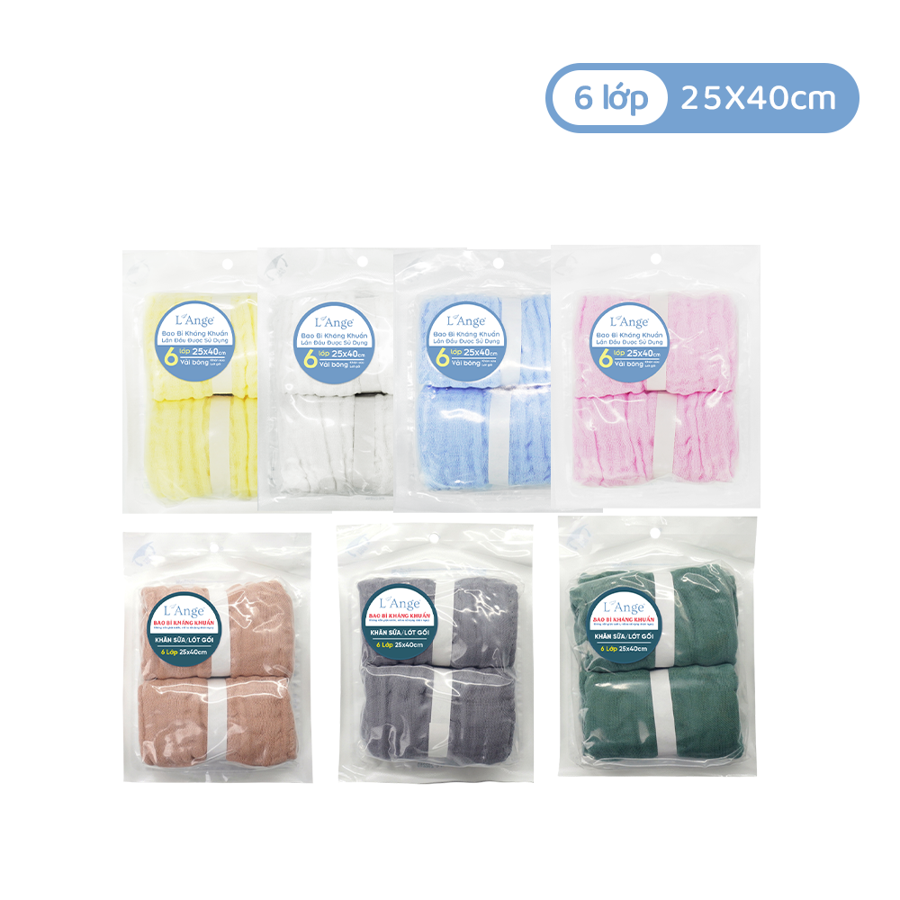 L'ANGE KHĂN SỮA LÓT GỐI/KHĂN LAU MẶT/KHĂN YẾM VẢI BÔNG 6 LỚP 25x40cm (SET 2 CÁI)