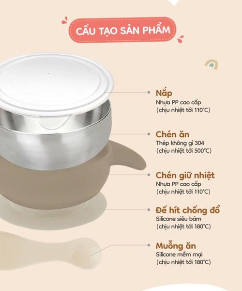 FARLIN Bộ Chén Inox Cách Nhiệt Kèm Muỗng Silicone, Đế Hít Chống Trơn, Nắp Đậy Tiện Lợi