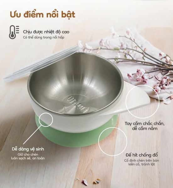FARLIN Bộ Chén Inox Cách Nhiệt Kèm Muỗng Silicone, Đế Hít Chống Trơn, Nắp Đậy Tiện Lợi