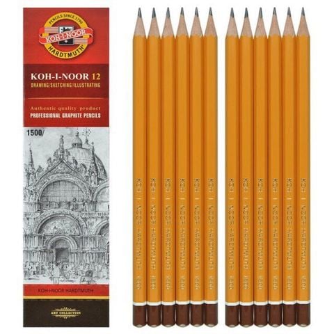 [TẶNG HỒ KHÔ] Hộp 12 Bút chì Tiệp KOH-I-NOOR 1500 thân vàng - 2B...8B và H...6H - Nhập khẩu bởi Cty Golden Pen