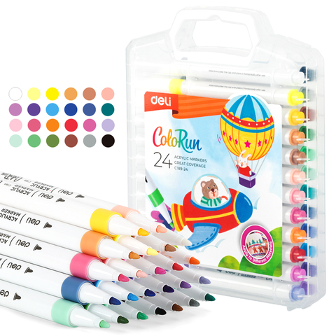 Bút sơn Acrylic Marker ngòi nét nhỏ 24 màu Deli C189-24 - Chống nước vẽ trên mọi chất liệu, Tô màu DIY vẽ giày vải, chai lọ