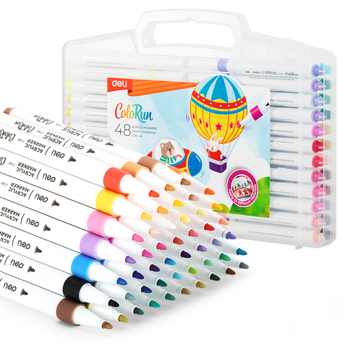 Bút sơn Acrylic Marker ngòi nét nhỏ 48 màu Deli C189-48 - Chống nước vẽ trên mọi chất liệu, Tô màu DIY vẽ giày vải, chai lọ