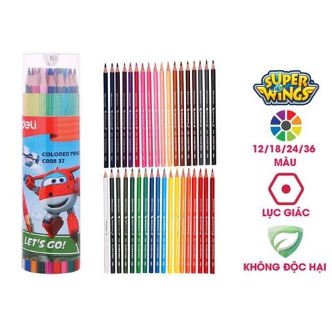 Bút chì màu 36 màu Deli EC00837 - Họa tiết Super Wings kèm gọt chì