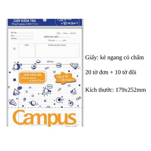 [MUA 3 TẶNG 1 BÚT NƯỚC] Giấy kiểm tra Campus kẻ ngang có chấm 20 tờ đôi + 10 đơn TP-BSM70G-30