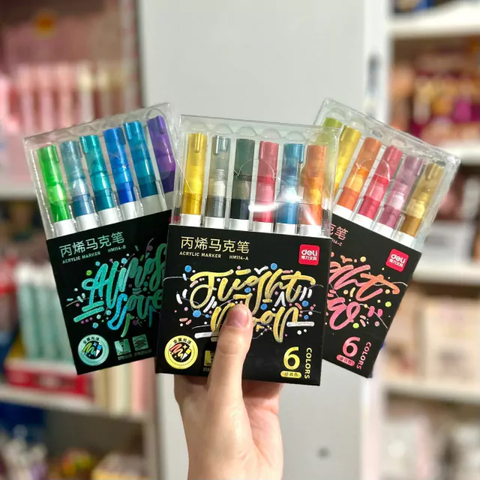 Hộp 6 Bút nhũ Acrylic Marker Deli HM114 - với 3 chủ đề màu lựa chọn - Chống nước vẽ trên mọi chất liệu, Tô màu DIY vẽ giày vải, chai lọ ...