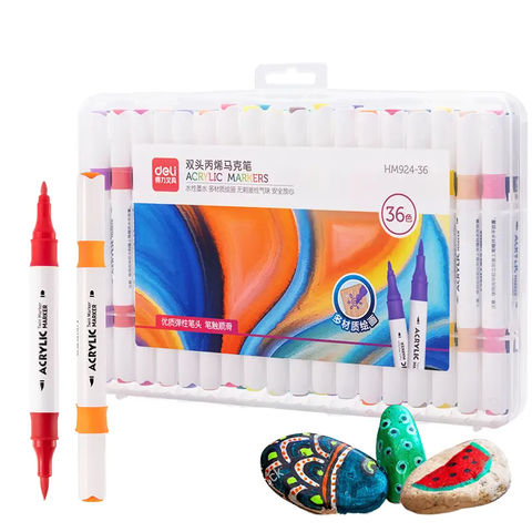 [TẶNG 1H BÚT CHÌ MÀU] Bút sơn Acrylic Marker 2 đầu 36 màu Deli HM924-36 - Chống nước vẽ trên mọi chất liệu