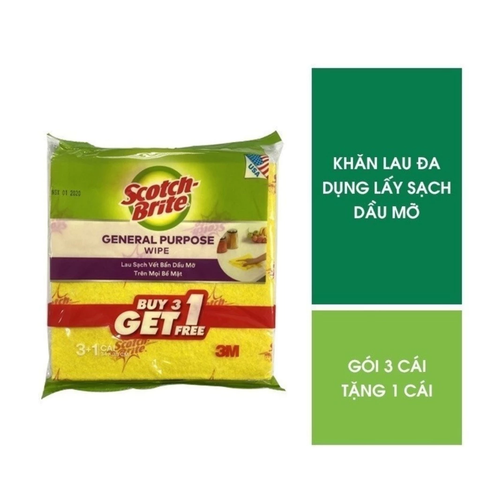 Túi 4 khăn lau đa năng giúp lau chùi sạch trên nhiều bề mặt 3M Scotch Brite™ màu vàng - Kích thước: 34 x 35cm - Nhập khẩu bởi 3M Việt Nam