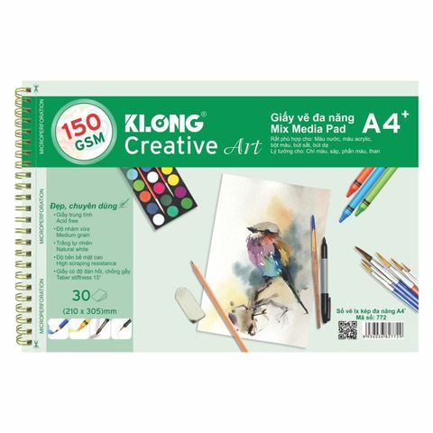 Sổ vẽ lò xo đa năng Creative Art khổ A4 KLong 772 - 30 tờ, Định lượng 150gsm