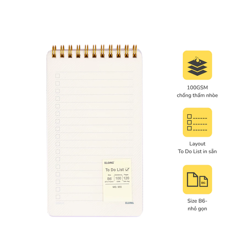 Sổ To Do List lò xo kép bìa nhựa 2 mặt khổ B6 KLONG 120 trang 955 - Định lượng 100gsm - Kích thước 97x174mm