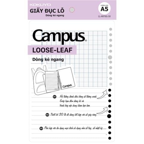 Giấy Refill thay lõi cho sổ còng Binder Campus Loose Leaf dòng kẻ ngang khổ A5 (Túi 50 tờ đơn)