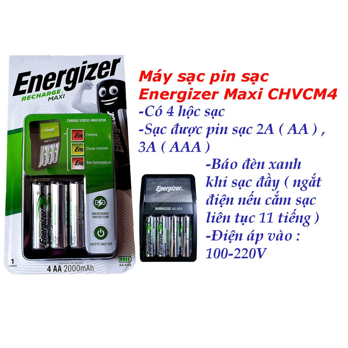 [Chính Hãng] Máy sạc pin ENERGIZER CHVCM4 Kèm 4 pin AA 1300mAh - Sạc cho pin AA và AAA (Nhập Khẩu Độc Quyền Bởi DKSH Việt Nam)
