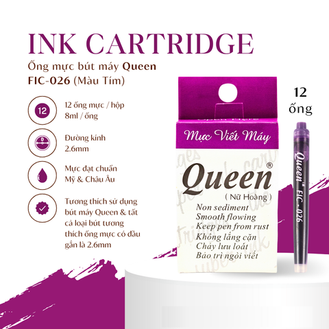 Hộp 12 Ống mực bút máy Queen FIC026 - Đường kính 2.6mm - Lắp vừa cho bút máy Kim Thành