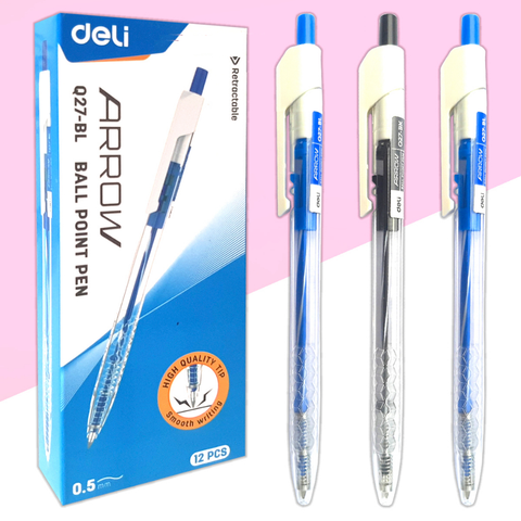 [TẶNG BÚT NHẬT 25K] Hộp 12 Bút bi Deli Q27 ARROW ngòi 0.5mm - Mực xanh