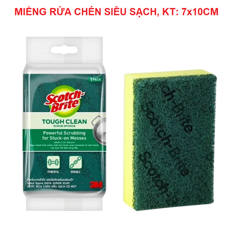 Miếng rửa chén siêu sạch 3M Scotch Brite™ - kích thước 7x10cm - 1 miếng/túi, 1 mặt mút vàng và 1 mặt cước xanh