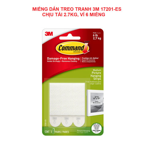 Miếng dán treo tranh 3M COMMAND™ 17201-ES - Màu trắng, chịu tải 2.7kg - Vỉ 6 miếng (Nhập khẩu bởi 3M Việt Nam)
