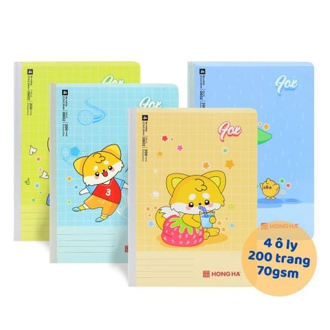 [MẪU MỚI 2024] Vở 4 ô ly Hồng Hà 200 trang School FOX 0602 - Vở may gáy, định lượng 70gsm (Mua 5 tặng 1 bút chì)