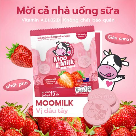  Kẹo Sữa Bò Moo Milk Vị Dâu - Thơm vị Dâu, Ngon vị Sữa - Gói 15g [Hàng Thái Lan] 