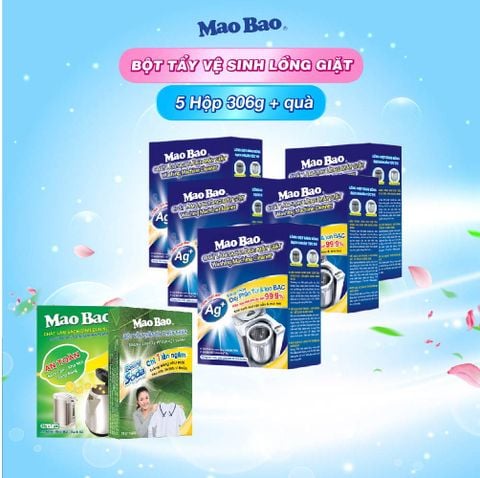  Combo: 5 Hộp bột vệ sinh làm sạch lồng giặt Mao Bao Ag+ 306g  - Tặng 01 hộp bột tẩy bình đun 25g*1 + 01 hộp bột tẩy quần áo thiên nhiên 12g x2 gói 