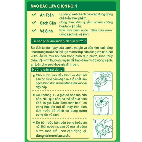  Combo 10 Hộp Chất Làm Sạch Bình Đun Nước Mao Bao 25g x 2 gói 