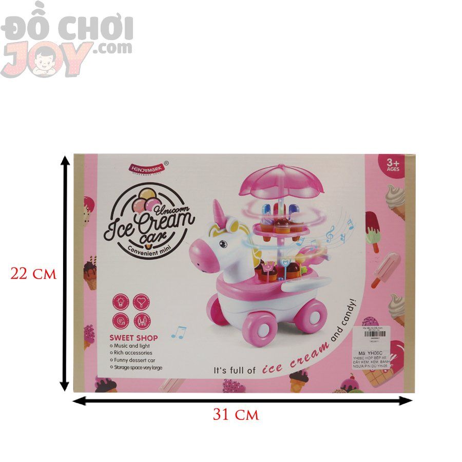  Đồ Chơi Bé Gái - Hộp Xe Đẩy Kem, Kẹo, Bánh Unicorn - Pin, Dù, Nhạc, Đèn 