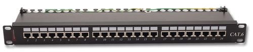 176212419 - Thanh đấu nối cáp đồng Cat6 90° loại chống nhiễu có 24 cổng lắp sẵn, 1U, chuẩn kép IDC, RAL7035, màu đen