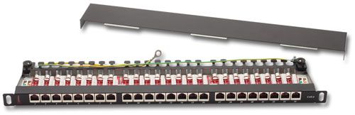 176272412 - Thanh đấu nối cáp đồng Cat6 90° loại chống nhiễu có 24 cổng lắp sẵn, 0.5U, chuẩn kép IDC, màu đen