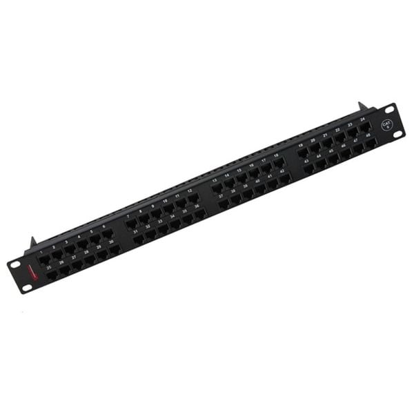 176144812 - Thanh đấu nối cáp đồng Cat6 180°, không chống nhiễu, có 48 cổng lắp sẵn , 1U, có 2 thanh quản lý cáp, chuẩn kép IDC, màu đen