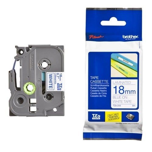 TZE-243 Nhãn tiêu chuẩn - Chữ xanh nền trắng 18mm