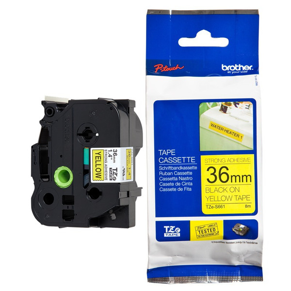 TZE-S661 Nhãn siêu dính - Chữ đen trên nền vàng 36mm