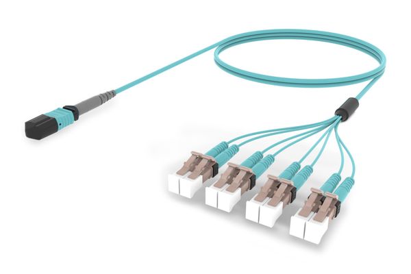 Ultra Low Loss (ULL) OM4 MPO8 (Unpinned) to LC/UPC, URXQPLCJ8 Fiber Extension Cable Assembly, 8-Fiber, Low Smoke Zero Halogen