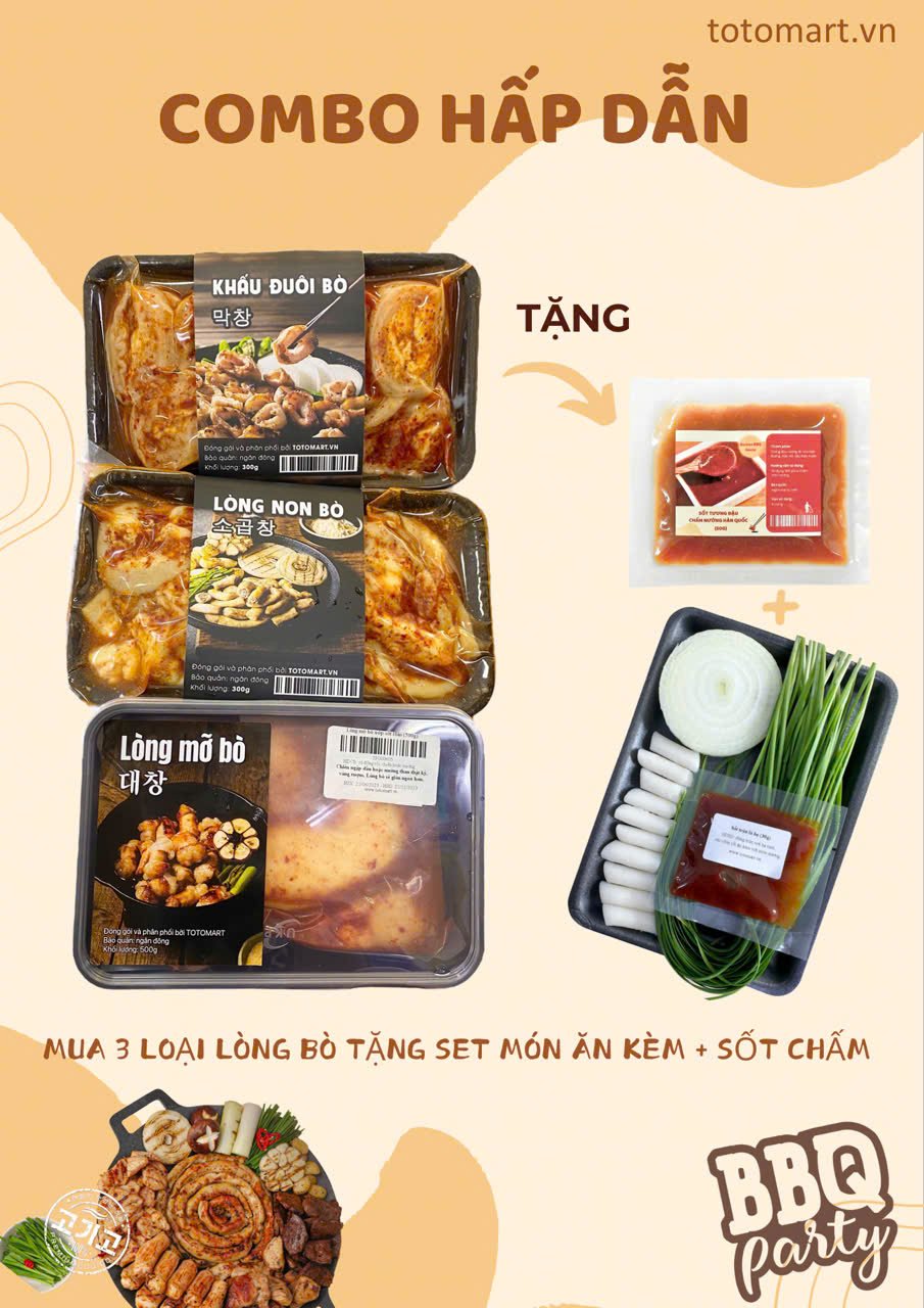Combo 3 loại Lòng bò nướng, Tặng Set ăn kèm + sốt chấm